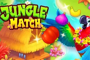 Színes papagáj repül zöld lombok és gyümölcsök között egy trópusi faluban, élénk betűkkel a Jungle Match felirat mellett