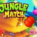 Színes papagáj repül zöld lombok és gyümölcsök között egy trópusi faluban, élénk betűkkel a Jungle Match felirat mellett