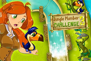 Vörös hajú nő és tucán madár mellett egy vízvezeték és egy bambuszkeretes tábla látható, melyen Jungle Plumber Challenge 3 felirat áll