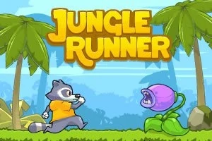 Egy rajzfilm stílusú kép, amelyen egy mosómedve sárga pólóban fut a dzsungelben egy lila virág felé, miközben a Jungle Runner felirat látható a háttérben