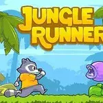 Egy rajzfilm stílusú kép, amelyen egy mosómedve sárga pólóban fut a dzsungelben egy lila virág felé, miközben a Jungle Runner felirat látható a háttérben