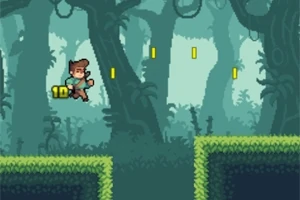 Egy pixel art stílusú dzsungel háttérben ugráló karakter, aki arany érmék felé halad