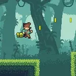 Egy pixel art stílusú dzsungel háttérben ugráló karakter, aki arany érmék felé halad