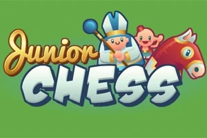 Zöld háttér előtt egy gyerekbarát sakk témájú illusztráció, benne egy lovagolt ló, egy mosolygós püspök figura és a “Junior Chess” felirat