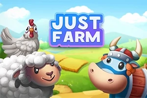 Rajzolt bárány, tehén viking sisakban, és egy tyúk egy vidéki táj előtt; fölöttük a Just Farm felirat
