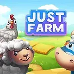 Rajzolt bárány, tehén viking sisakban, és egy tyúk egy vidéki táj előtt; fölöttük a Just Farm felirat