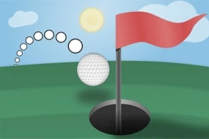 Golfpálya képe napos idővel, egy repülő golflabdával és egy piros zászlóval