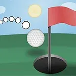 Golfpálya képe napos idővel, egy repülő golflabdával és egy piros zászlóval