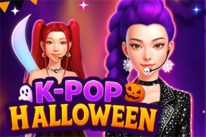 Két K-pop stílusú női karakter neon lila háttér előtt halloweeni elemekkel, tökkel, szellemmel és „K-POP HALLOWEEN felirattal