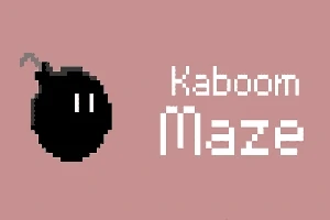 Egy egyszerű, pixelgrafikás bomba szimbólum két szemmel, mellette Kaboom Maze felirattal rózsaszín háttéren