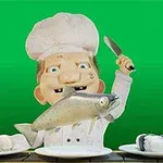 Egy rajzfilmszerű szakács, aki egy halat tart a kezében kés társaságában, két tányér sushi előtt, zöld háttérrel