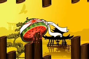 Dinnye darabokra vágva naplementében, japán stílusú háttérrel, bambuszrudak és egy madár sziluettje látható