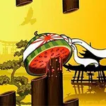 Dinnye darabokra vágva naplementében, japán stílusú háttérrel, bambuszrudak és egy madár sziluettje látható