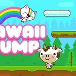 Színes, rajzolt táj képe egy mosolygó, szivárványfejű macskával, rózsaszín kocsonyával és tehénfigura, Kawaii Jump felirattal a középpontban