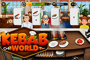 Rajzolt kebabéttermi pult szakácsokkal, grillezett húsokkal, tányérokkal és nagy „KEBAB WORLD felirattal