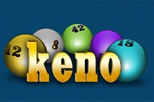 Színes golyók számokkal és a keno szó arany betűkkel egy kék háttér előtt