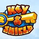 Egy nagy, sárga kulcs képe, rajta a Key & Shield felirat, kék háttér előtt