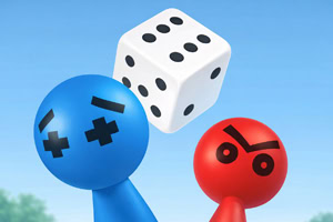 Két stilizált figura, egy kék és egy piros, közöttük a levegőben lebegő fehér dobókockával kék ég hátterében