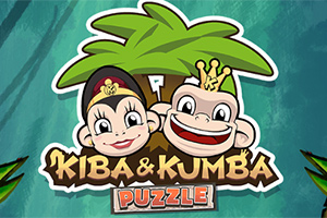 Két rajzfilmmajom mosolyogva, egy nagy pálmafa előtt, alatta Kiba & Kumba Puzzle felirat