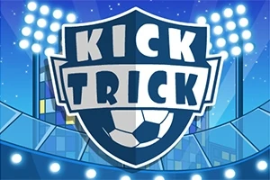Egy kék hátterű pajzs alakú logó, amelyen Kick Trick felirat látható futball-labdával és kivilágított stadion reflektorai