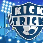Egy kék hátterű pajzs alakú logó, amelyen Kick Trick felirat látható futball-labdával és kivilágított stadion reflektorai