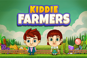 Két rajzfilmszerű gyerek áll egy kerítés előtt, mögöttük mezőgazdasági táj és nagy betűkkel a Kiddie Farmers felirat látható