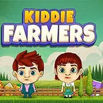 Két rajzfilmszerű gyerek áll egy kerítés előtt, mögöttük mezőgazdasági táj és nagy betűkkel a Kiddie Farmers felirat látható
