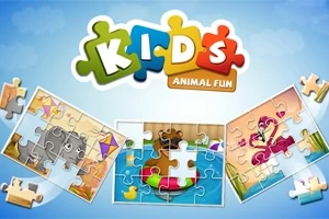 Színes puzzle darabokból álló kép állatokkal és a KIDS Animal Fun felirat látható kék háttérrel