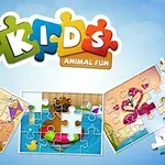 Színes puzzle darabokból álló kép állatokkal és a KIDS Animal Fun felirat látható kék háttérrel