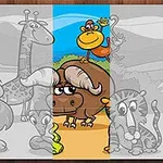 Színes rajz állatokkal (oroszlán, zsiráf, bivaly, majom, maki) és egy napos tájjal