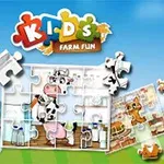 Rajzolt tehénkép egy puzzle közepén, körülötte szétszórt puzzle darabok, Kids Farm Fun felirattal a kék ég hátterén