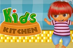 Gyermek animáció konyhában, piros hajú és csíkos pólós karakterrel