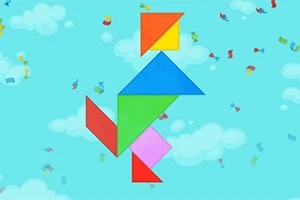 Színes geometriai formák egy kék háttér előtt, felhők és konfetti díszítéssel