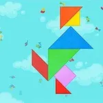 Színes geometriai formák egy kék háttér előtt, felhők és konfetti díszítéssel