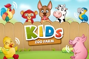 Vidám állatok, köztük egy kakas, majom, kutya, tehén, papagáj, kacsa és malac, kerítés előtt állnak, alatta KIDS ZOO FARM felirattal