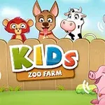 Vidám állatok, köztük egy kakas, majom, kutya, tehén, papagáj, kacsa és malac, kerítés előtt állnak, alatta KIDS ZOO FARM felirattal