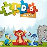 Rajzfilm stílusú majom, elefánt, papagáj, orrszarvú, teknős és kígyó egy vidám, színes háttér előtt