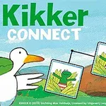 Zöld béka és egy fehér madár látható, háttérben kártyák és kék ég