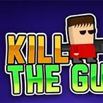Rajzolt figura piros felsőben, nagy fegyverrel, és KILL THE GUY felirat színes, nagyméretű betűkkel