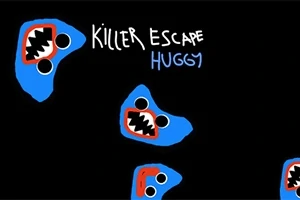 Fekete háttéren kék arcok piros szájjal és éles fogakkal, fekete és fehér szemekkel, valamint a „Killer Escape Huggy” felirat