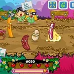 Rajzfilmszerű karakterek és ételek egy színes, mezőszerű környezetben, Eat Green és Eat Your Veggies táblákat tartva