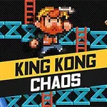 Pixeles stílusú karakter létrákon és platformokon, egy banán és a King Kong Chaos felirat