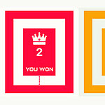 Piros és narancssárga színű képernyő, bal oldalon koronával és YOU WON felirattal, a jobb oldalon PLAY MORE gombbal és nullás számmal