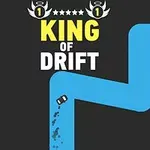Kék, kanyargós út sötét háttérrel, rajta egy autó sodródik, King of Drift felirattal