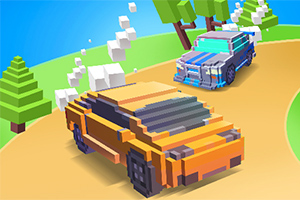 Két stilizált, pixeles autó versenyez egy kanyargós úton, zöld fák és kék ég háttérrel