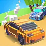 Két stilizált, pixeles autó versenyez egy kanyargós úton, zöld fák és kék ég háttérrel