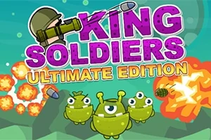 Rajzolt zöld szörnyecskék és robbanások színes háttérrel, a King Soldiers Ultimate Edition felirattal