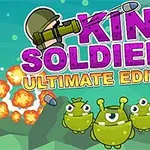 Rajzolt zöld szörnyecskék és robbanások színes háttérrel, a King Soldiers Ultimate Edition felirattal