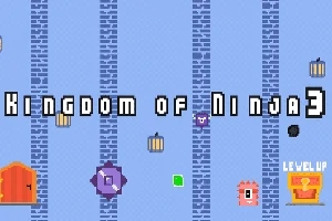 Kék háttér előtt piros ajtó, színes tárgyak, felirat és Level Up gomb