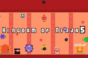 Egy pixeles, retró stílusú képernyő közepén Kingdom of Ninja 5 felirat, körülötte színes ikonok és elemek a rózsaszín háttéren
